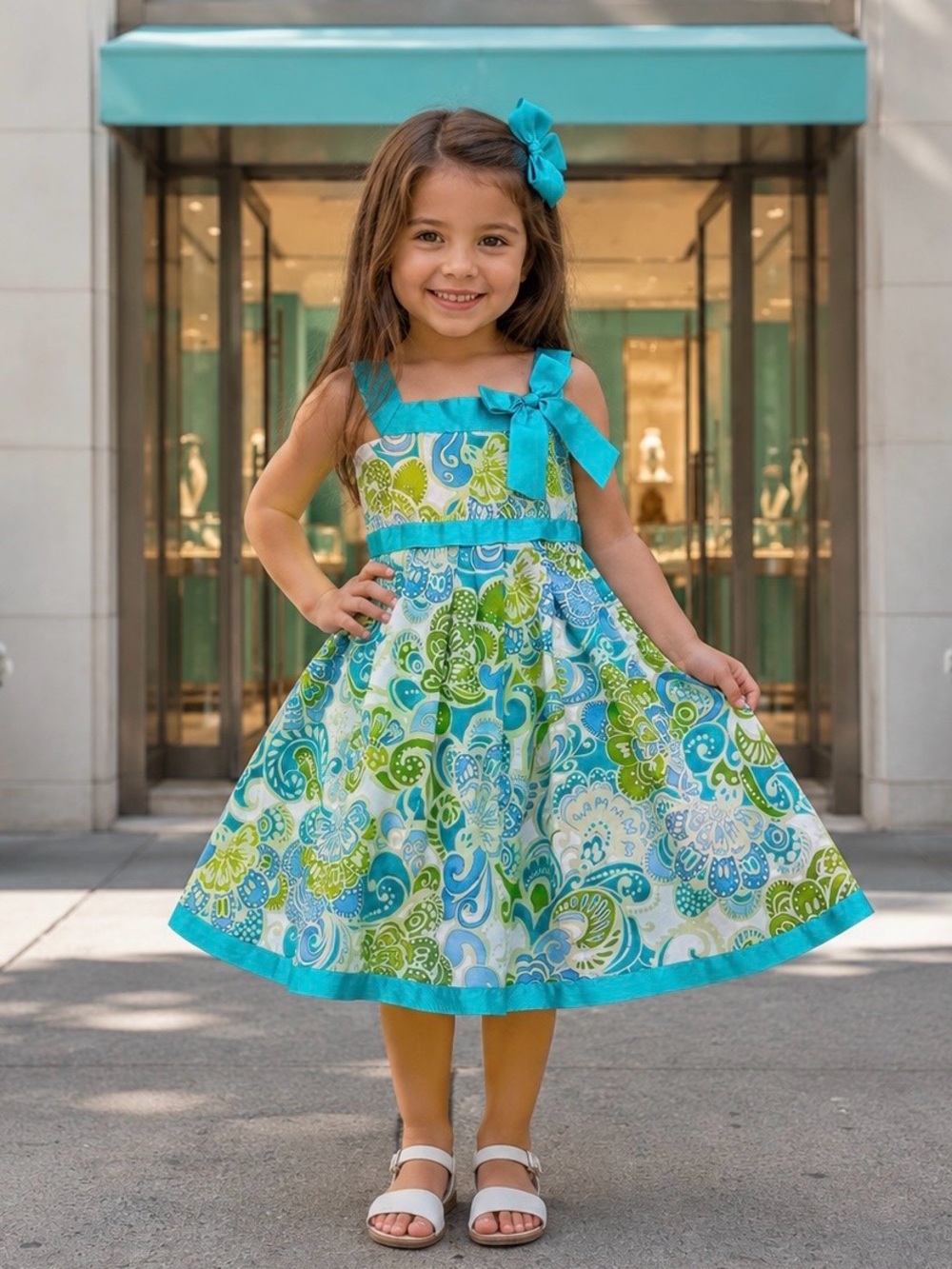 Vintage Sweet Heart Rose Dress With Teal  Blue Ribbon Accents Girl’s Size 4